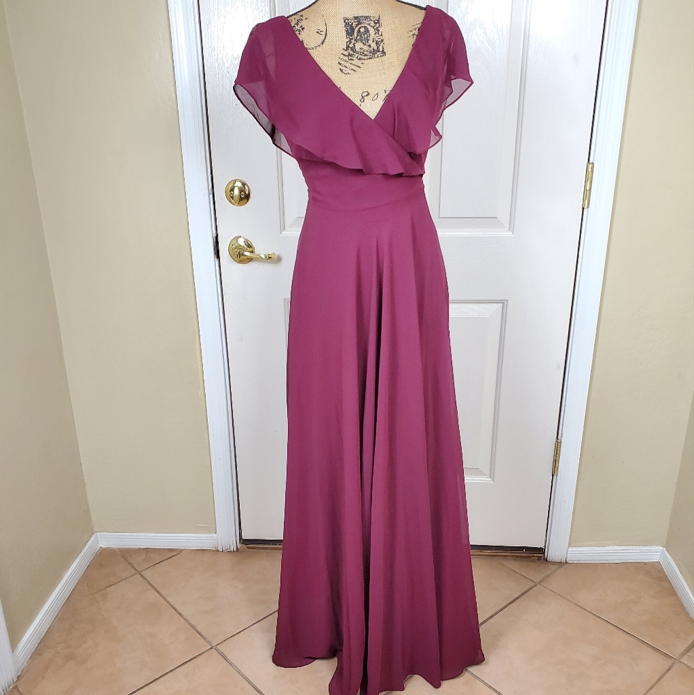 Levkoff Ruffle V-Neck Wrap Gown